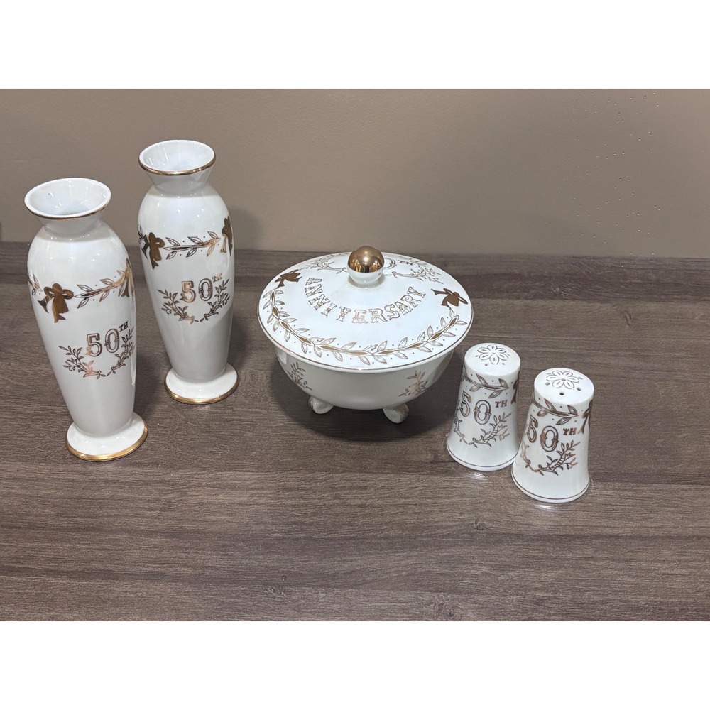 Lefton China 50th Anniversary 5-Piece Set Vases Candy Dish Salt Pepper Shakers